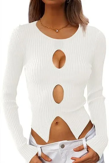Women's Autumn Fashion Hollowed out Rib Knitted Pullover Sweater Short Top White - Shop at LoveMi
