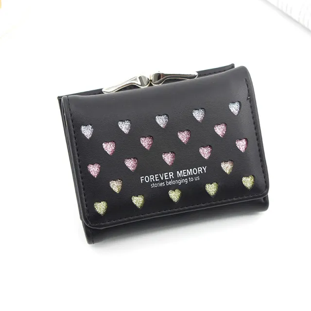 Womens Three Fold Wallet With Hollowed Out Heart Design Black - Shop at LoveMi