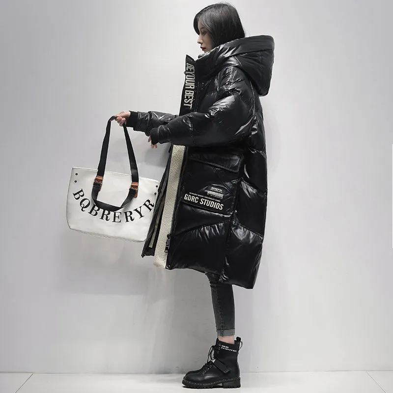 Polished Black Down Jacket Women's High-end Mid-length Coat - Black