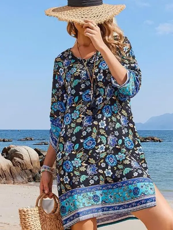 Summer Tassel Crew Neck Three Quarter Sleeve Printed Dress Black - Shop at LoveMi