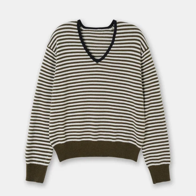 Drop shoulder Sleeve Thin Woolen Sweater Ultra fine Mernu Wool V neck Striped Knitted Top Green Stripes - Shop at LoveMi