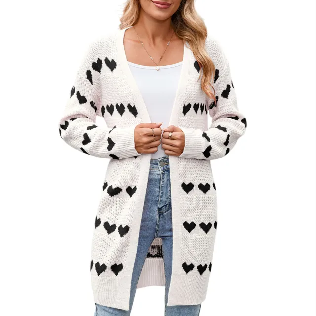 Women's Heart shaped Jacquard Cardigan Coat Sweater Apricot Black - Shop at LoveMi