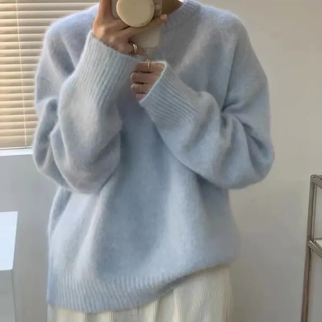 Basic Round Neck Pullover Knitted Sweater Blue - Shop at LoveMi