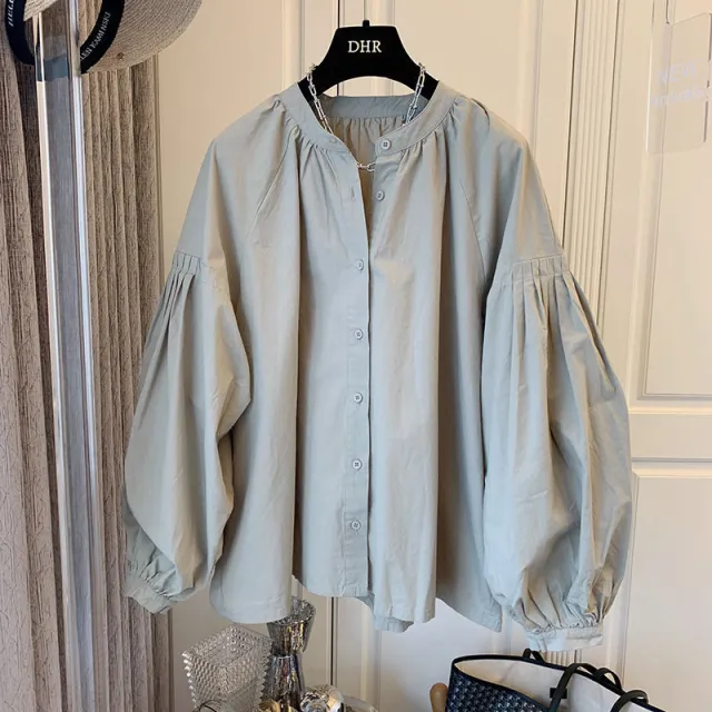 Retro French Pleated Puff Sleeve Loose V neck Shirt Khaki - Shop at LoveMi