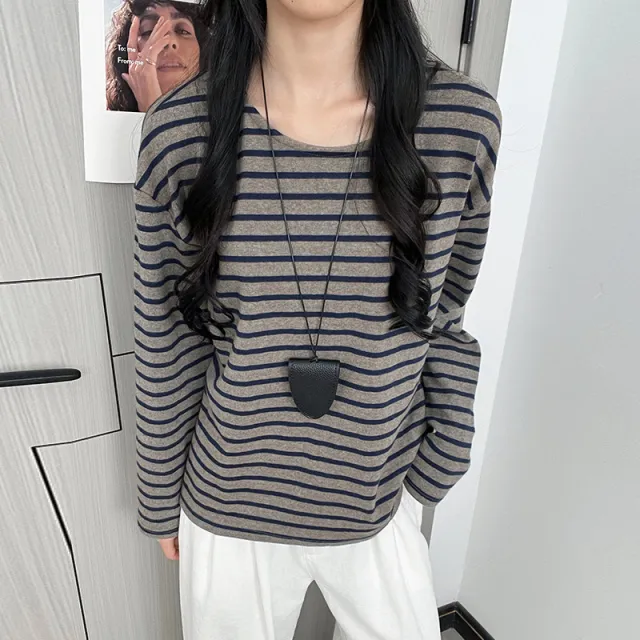 Striped Round Neck Bottoming Shirt For Women New Autumn And Winter Loose Gray And Blue - Shop at LoveMi