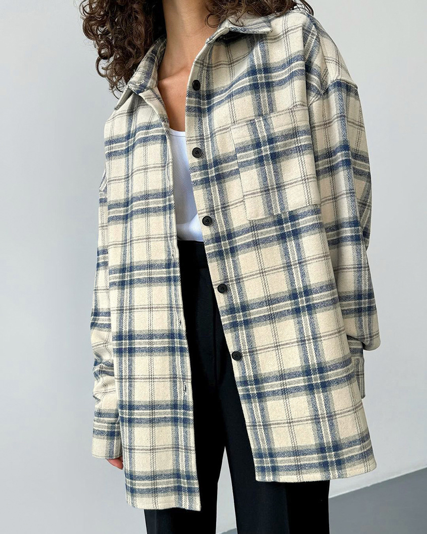 Title 4, Lapel Loose Plaid Long Sleeve Shirt