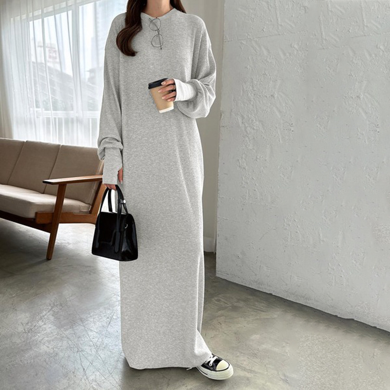 Simple And Sophisticated Solid Color Loose Slim Knee length Long Sleeve Dress Light Gray - Shop at LoveMi