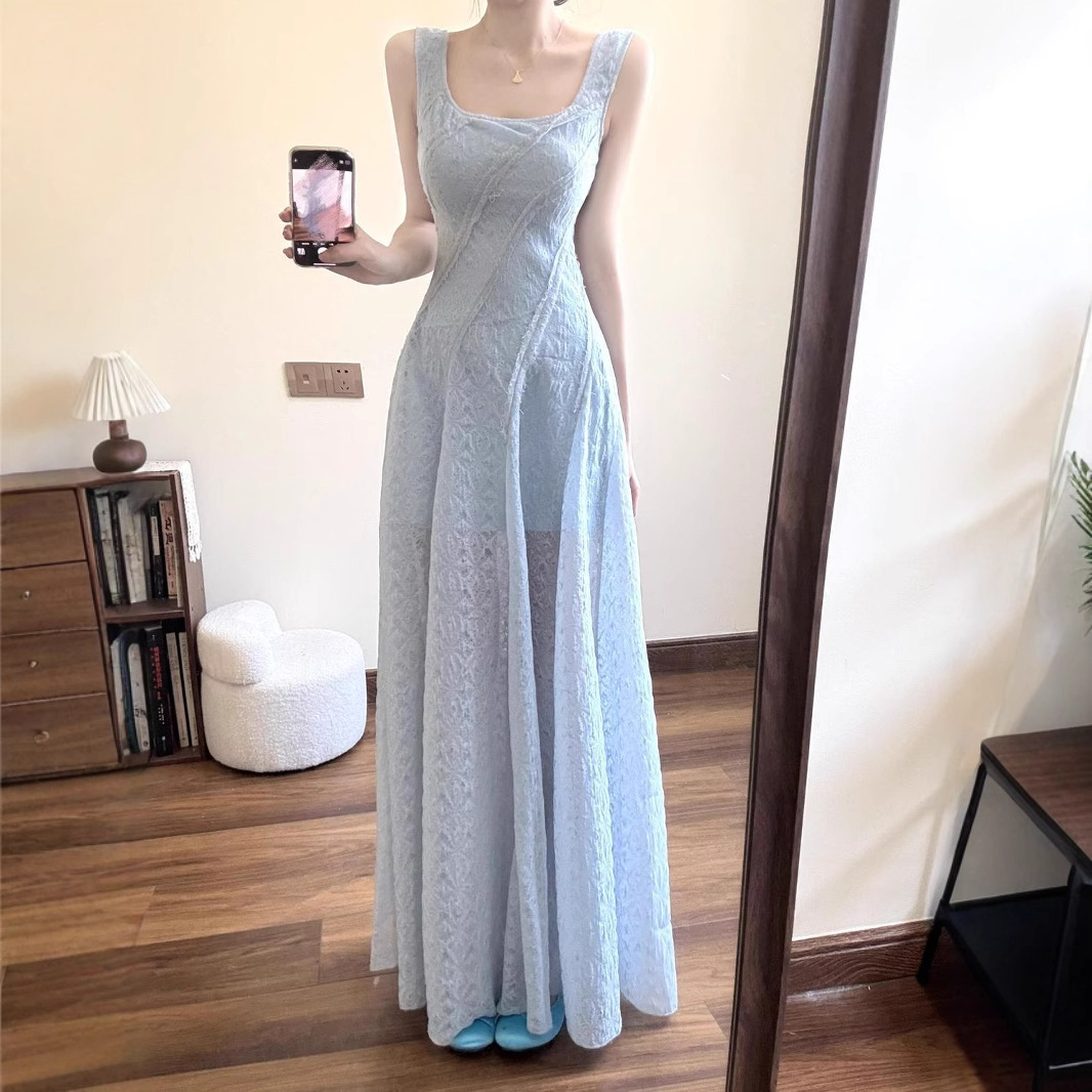 French Pure Desire Seaside Vacation Blue Sling Dress