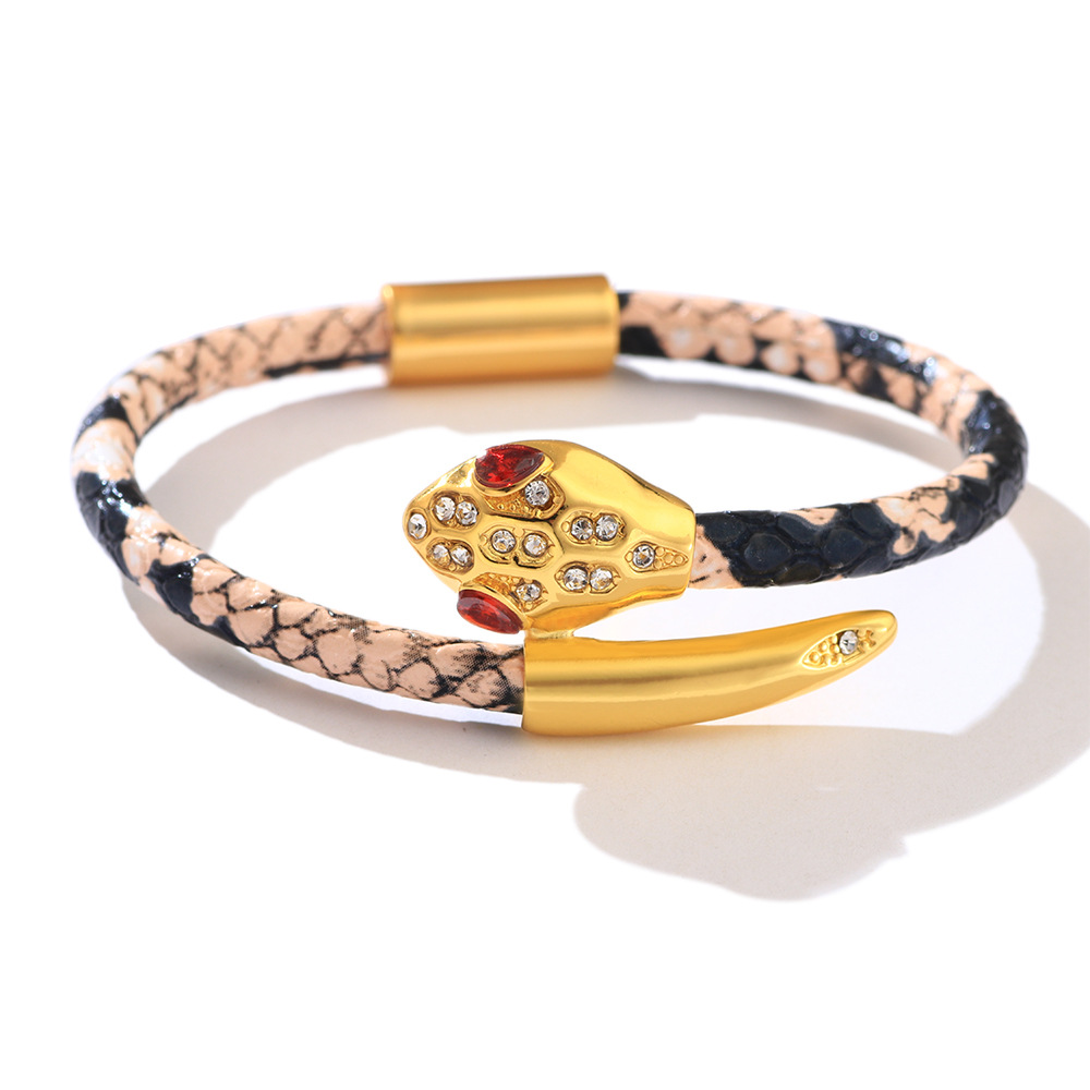 Inlaid Zircon Printed Leopard Copper Snake Head Bracelet