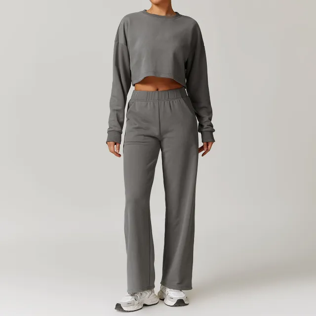 Autumn And Winter Leisure Sports Suit Women's High Waist Wide Leg Gray - Shop at LoveMi