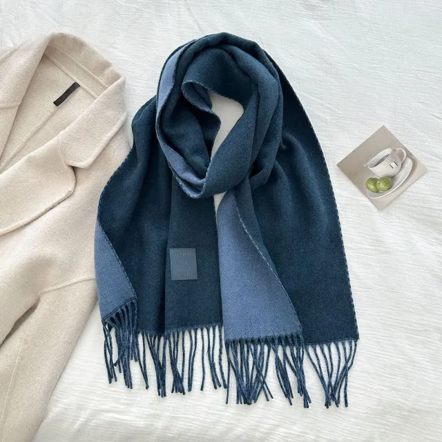 Thickened Double sided Two tone Wool Scarf Versatile Solid color Tassel Shawl For Warmth And Style Navy Blue - Shop at LoveMi