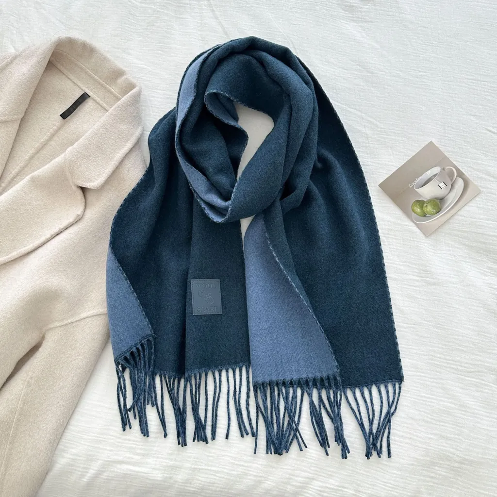 Thickened Double-sided Two-tone Wool Scarf Versatile Solid-color Tassel Shawl For Warmth And Style - Navy Blue