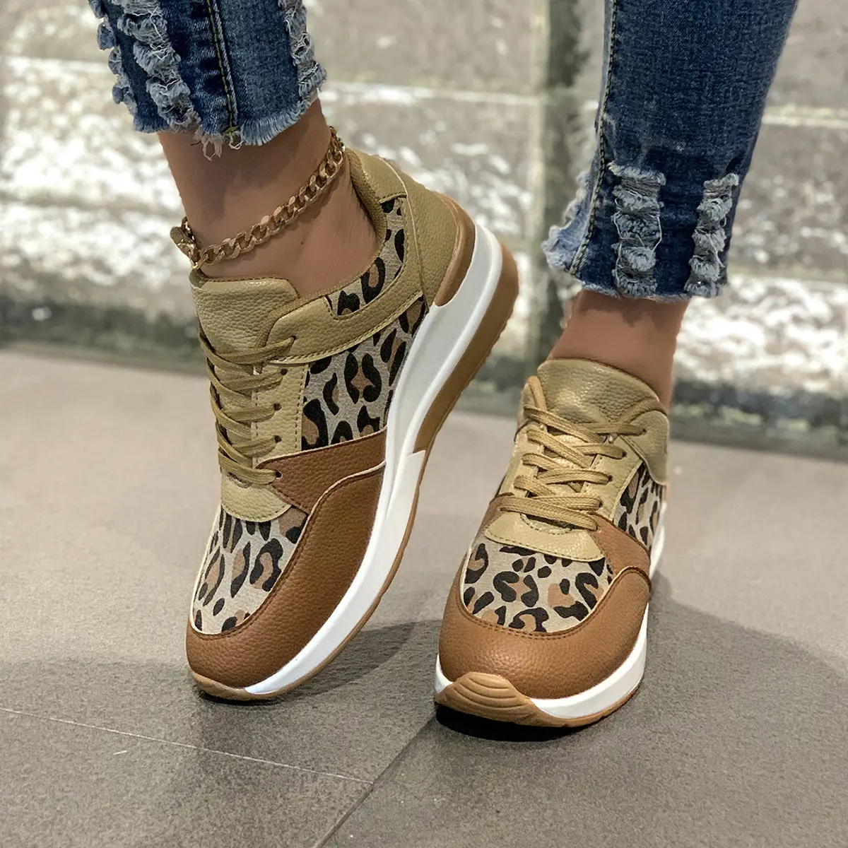 New Womens Leopard-Print Lace-Up Wedge Sneakers With Chunky Sole