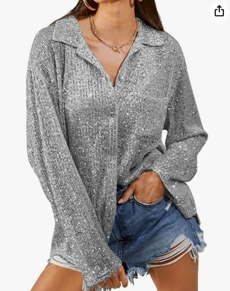 Shang Sequined Long Sleeve Lapel Temperament Leisure Shirt Gray - Shop at LoveMi