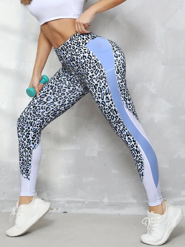 Contrast Color High Waist Tight Printed Leggings Blue Leopard Print - Shop at LoveMi