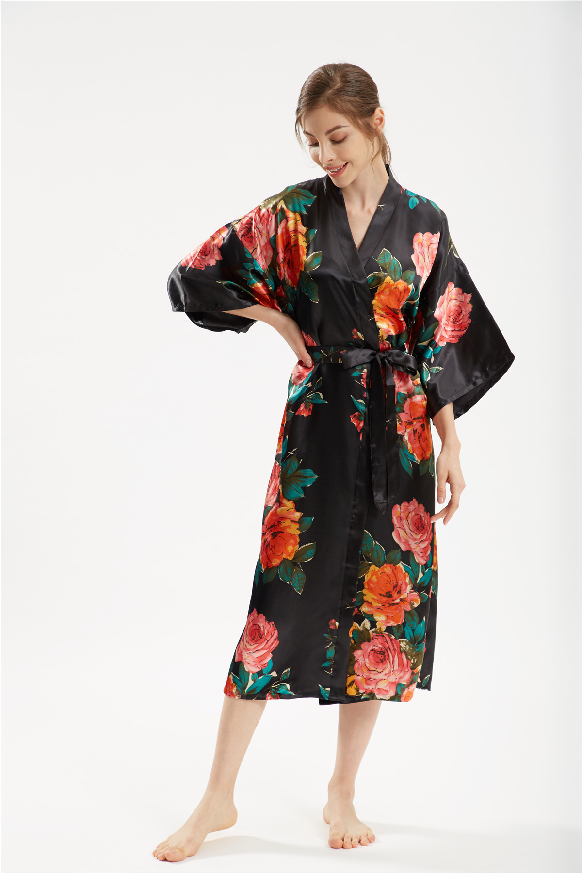 Title 11, Satin handbemalter Pfingstrose langer Kimono Yu...