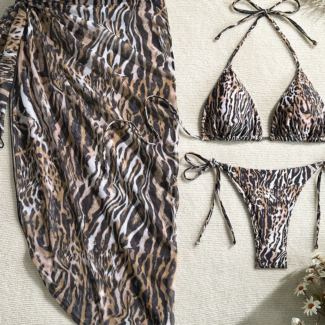 Leopard-print Beach Sun-protection Mesh Skirt, Stylish And Sexy Three-piece Bikini Set