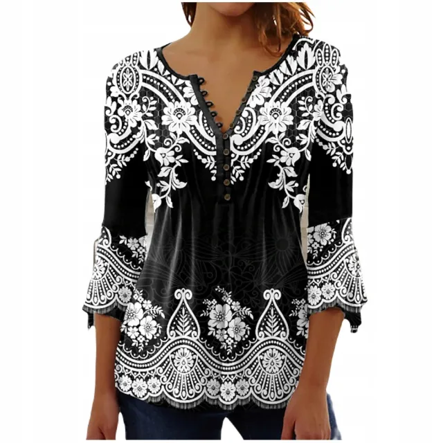 Women's Trendy V neck 3D Printing Long Sleeve Underwear Blouse S231000186 L - Shop at LoveMi