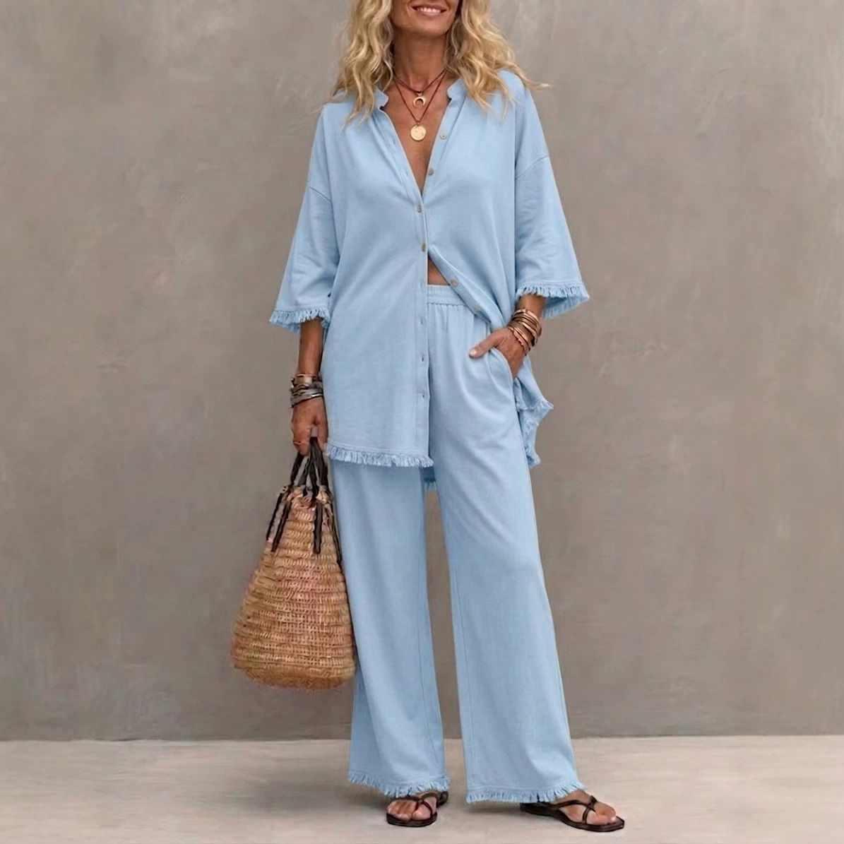 Womens Loose-fitting Top And Wide-leg Pants Two-piece Set