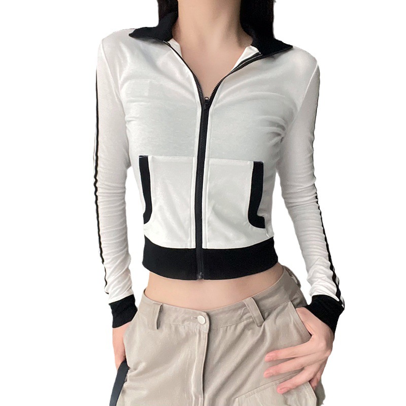 Women's Zipped Stand Collar Black And White Long-sleeved Top