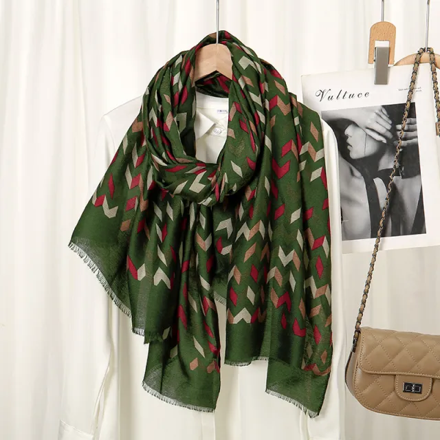 Diamond Patterns Printed Cotton And Linen Scarf Color Matching Scarf Green - Shop at LoveMi