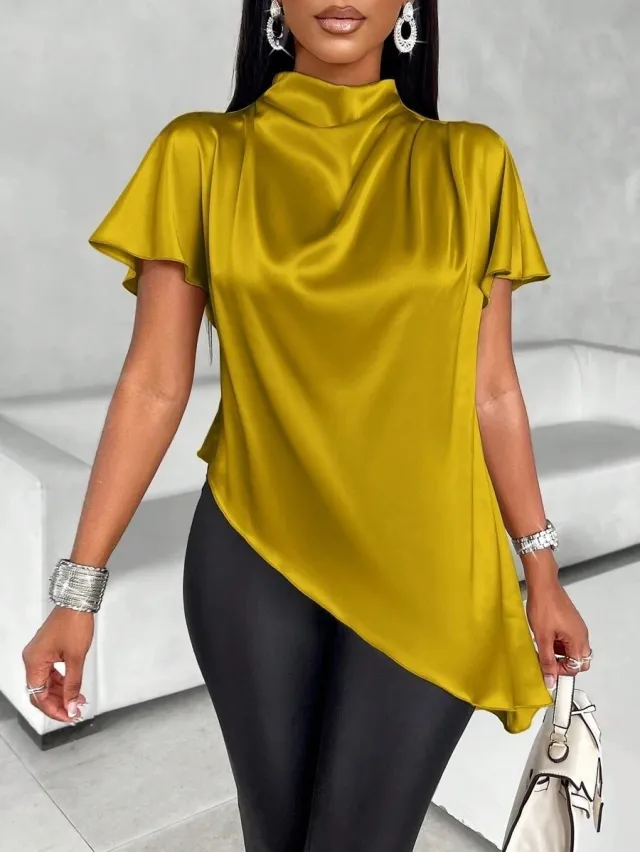 Women's Solid color Loose fitting Casual Top With An Asymmetrical Hem Yellow - Shop at LoveMi