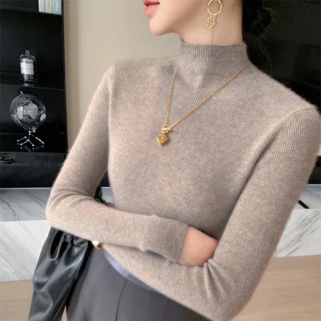 Warm Long Sleeves Knitted Half Turtleneck Women's Base Shirt Elegant Camel - Shop at LoveMi