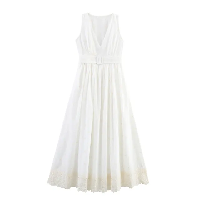 European And American Style Hollow out Printed V neck Sleeveless Embroidered Sleeveless Long Dress - Shop at LoveMi
