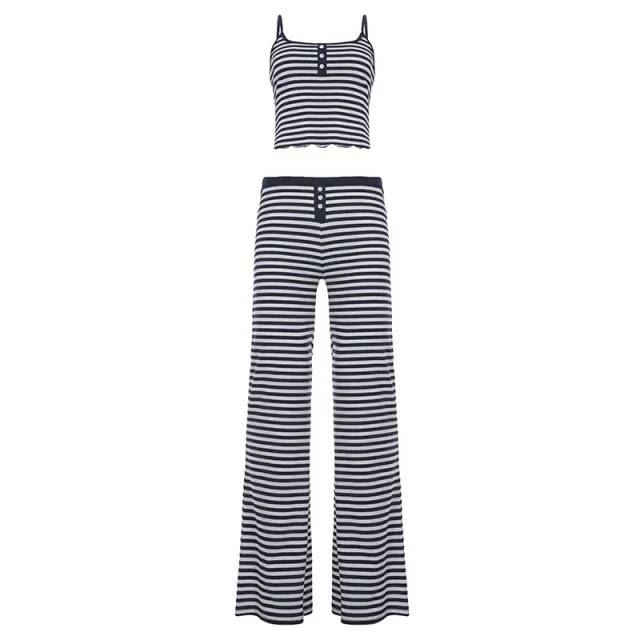Casual Home Wear Set Striped Contrast color Design With Buttoned Straps Blue - Shop at LoveMi