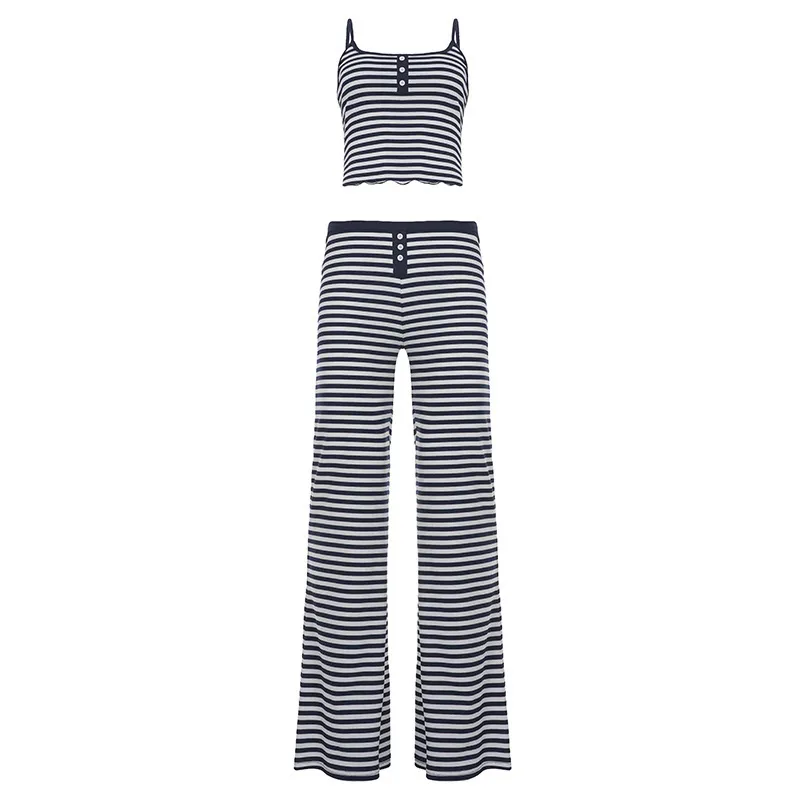 Casual Home Wear Set Striped Contrast-color Design With Buttoned Straps - Blue