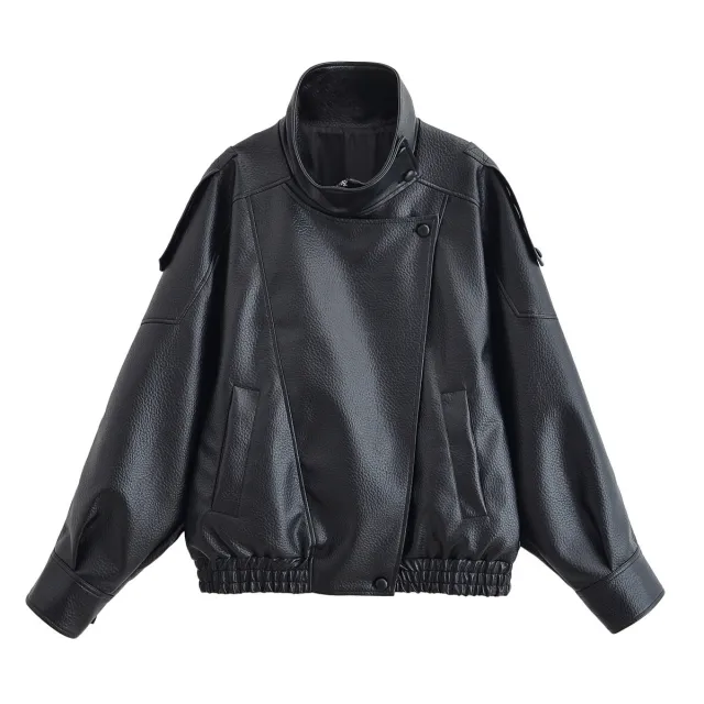 Women's Graceful Stand Collar Litchi Leather Jacket Classic Black - Shop at LoveMi
