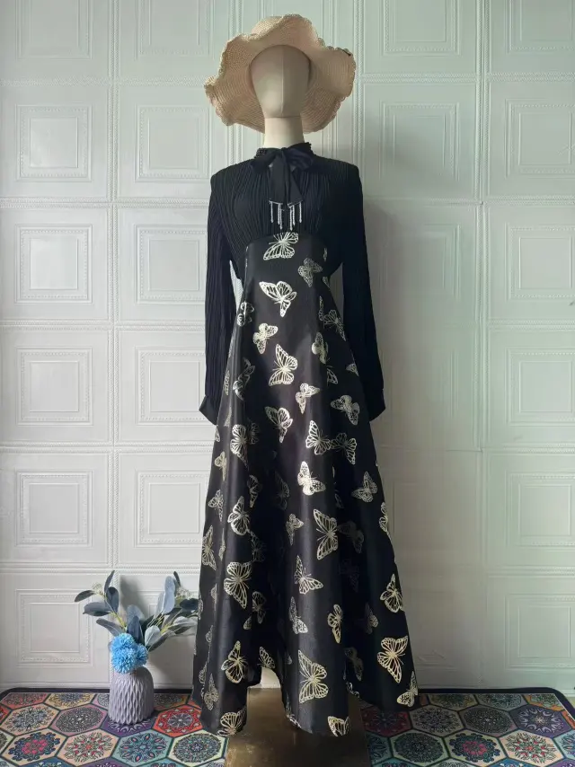 Elegant Long Sleeve Butterfly Bronzing Dress Black - Shop at LoveMi