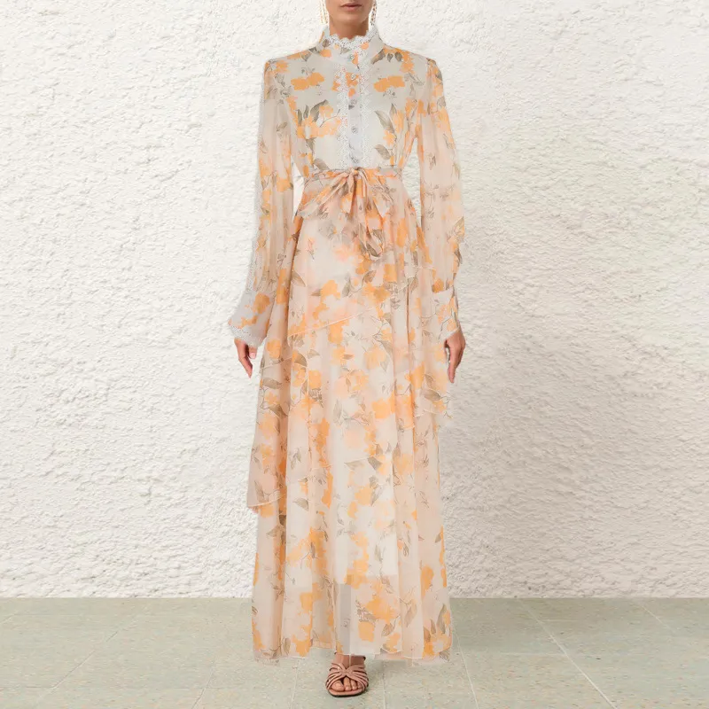 Autumn And Winter Lace Stitching Sweet Printed Ruffled Irregular Dress Women - Yellow Flower