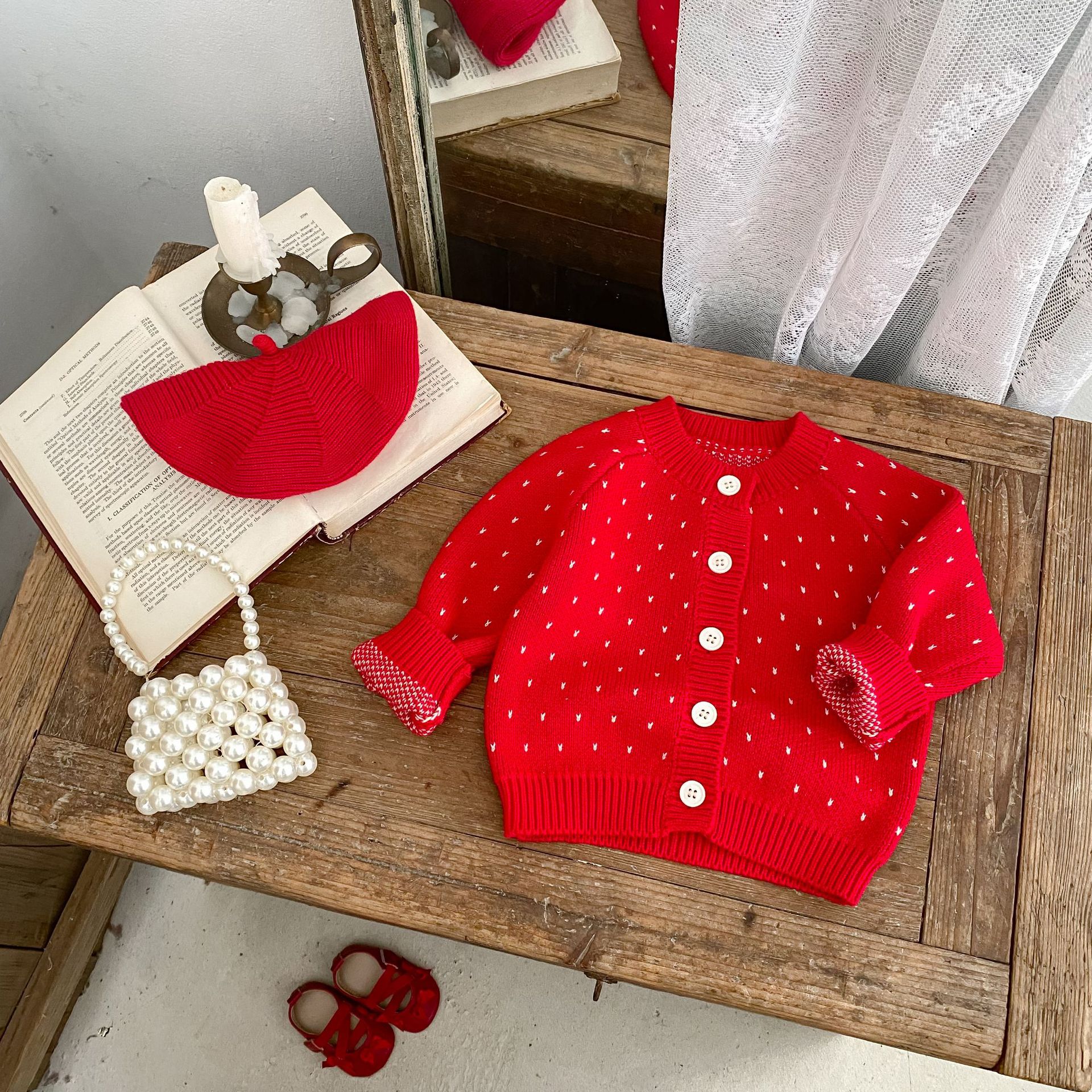 Autumn Children's Fashionable Sweet Baby Girl's Jacquard Red Knitted Coat Cardigan