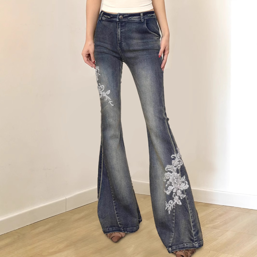 Denim-style Casual Pants With Floral Embroidery