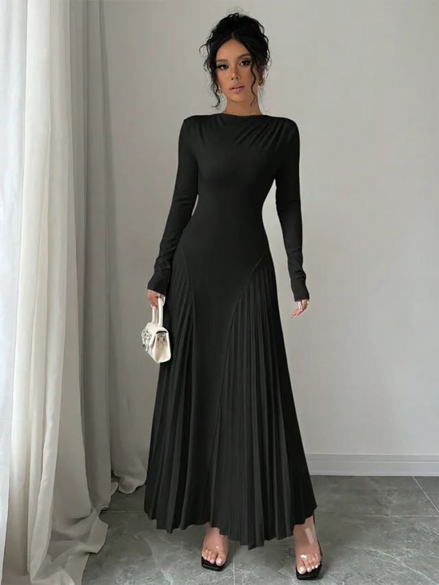 Long Sleeve Knitted Long Skirt Pleated Dress Elegant Black - Shop at LoveMi