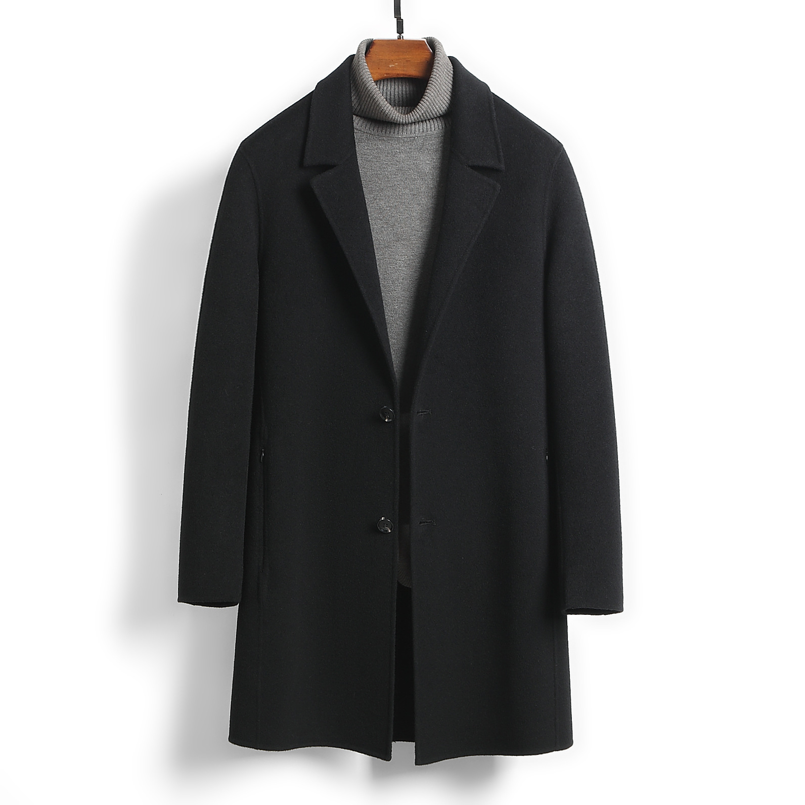 Male Solid Color Worsted Wool Mid-length Slim-fit Coat