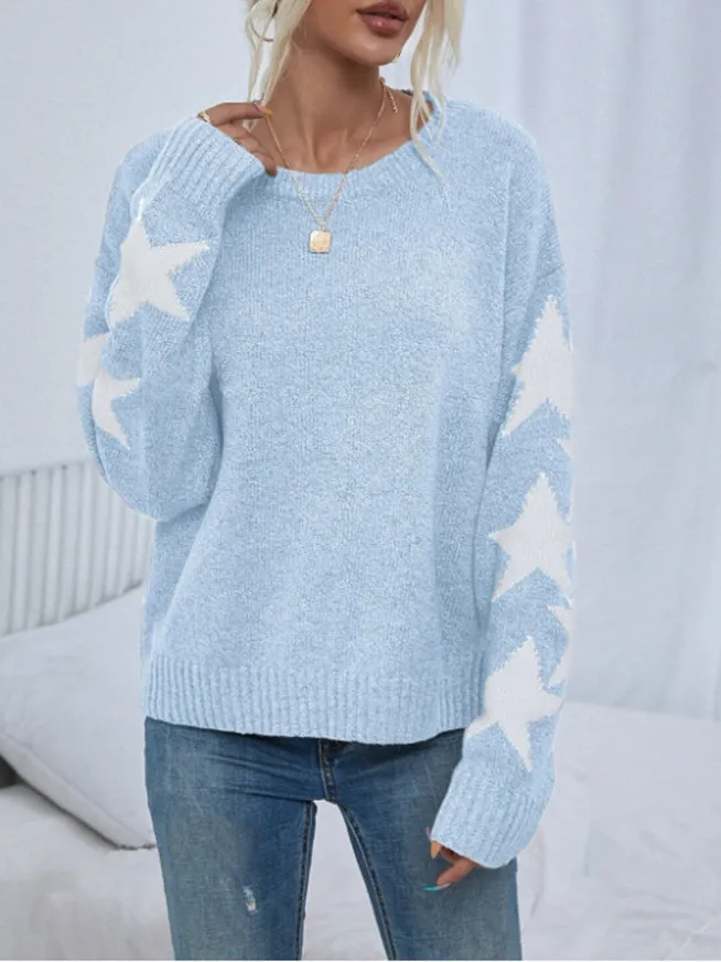 Women's Knitted Sweater Fashion Solid Color Five-pointed Star Jacquard Crew Neck Pullover Sweater - Sky Blue
