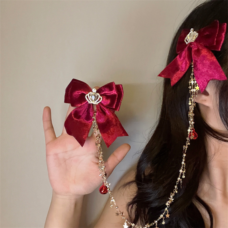 New Year Red Bell Crown Bow Tassel Hair Clip