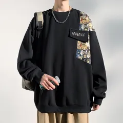 American Retro Bear Embroidery Round Neck Sweater - Black - View 1