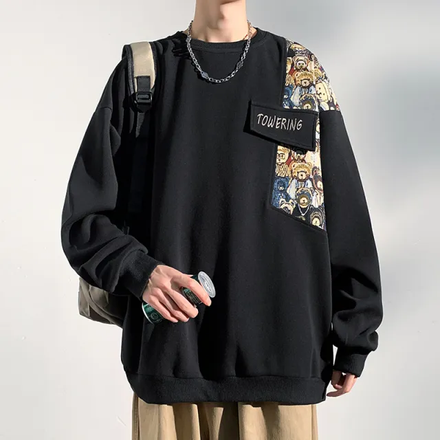 American Retro Bear Embroidery Round Neck Sweater Black - Shop at LoveMi