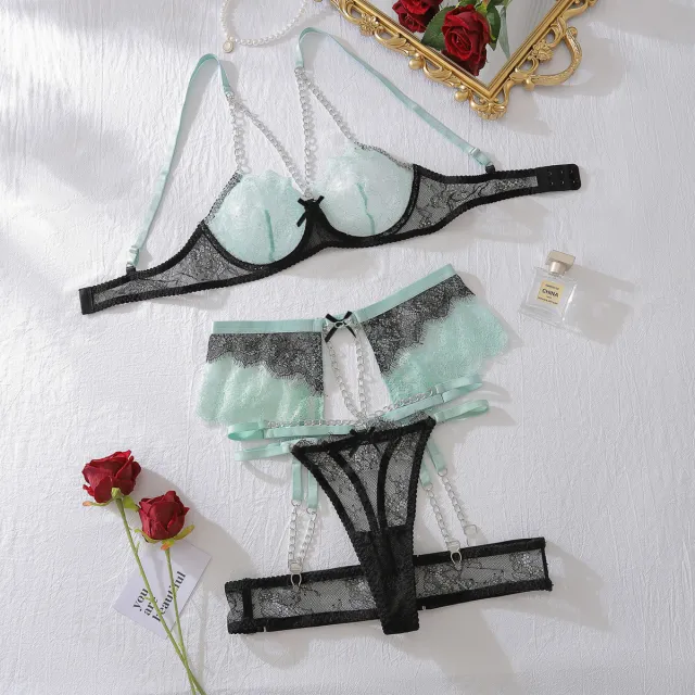 Chain Decoration Contrast Color Lace Body Shaping Sexy Underwear Split Suit Black - Shop at LoveMi