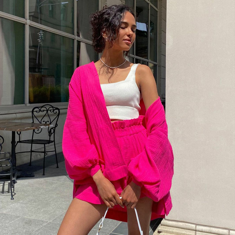 Women's Solid Color Lace up Top And Shorts Suit Rose Red - Shop at LoveMi