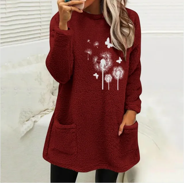 European And American Women's Round Neck Pullover Long Sleeve Pocket Embossed Double sided Velvet Sweatshirt Wine Red - Shop at LoveMi
