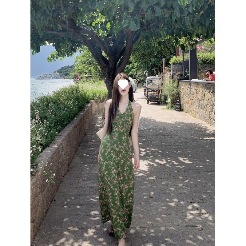 Retro Green Shivering Halter Vacation Style V neck Tight Waist Dress Green - Shop at LoveMi