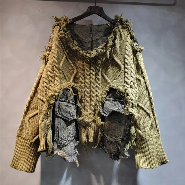 Personality Trendy Twist Weave Stitching Denim Round Neck Sweater Green - Shop at LoveMi