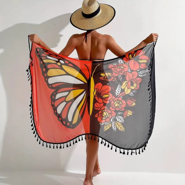 European And American Bikini Mesh Outerwear Butterfly Printed Sunscreen Beach Dress - Shop at LoveMi
