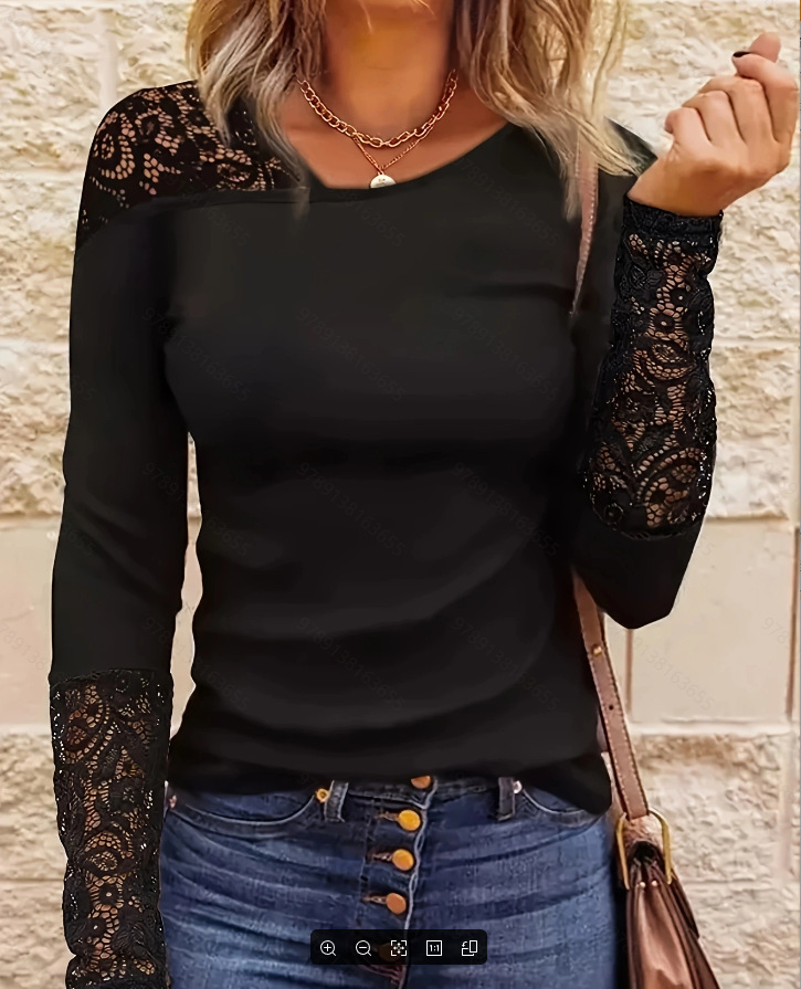 European And American Fashion Casual Solid Color Slim Lace Hollow Long Sleeve T-shirt