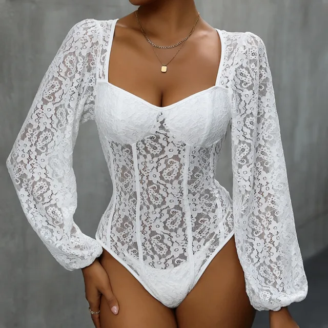 Women's Lace Stitching Long sleeved Jumpsuit White - Shop at LoveMi