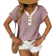 Summer V-neck Short Sleeve Knitted T-shirt Patchwork Button Pullover Top - Wine - View 1